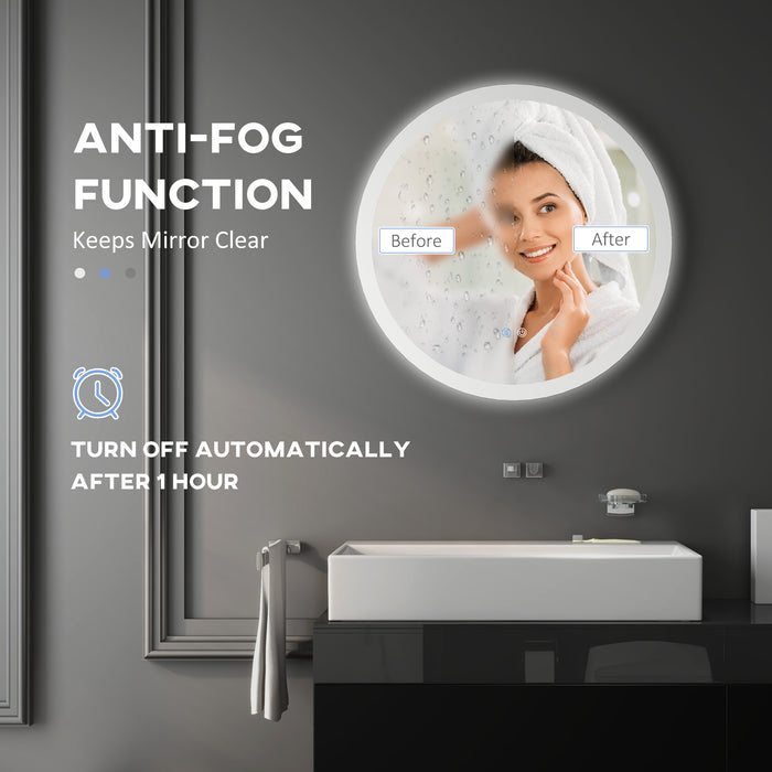 kleankin Round Illuminated Bathroom Mirrors w/ LED Lights, Wall Mount Mirror w/ 3 Colours, Anti-Fog, Memory Function & Aluminium, 70 x 70 cm