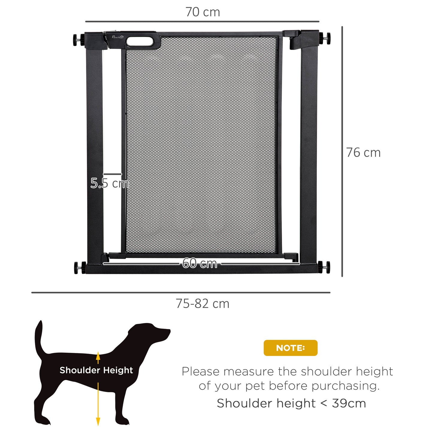 Pressure Fit Safety Gate for Doorways and Staircases, Dog Gate w/ Auto Closing Door, Pet Barrier for Hallways w/ Double Locking, Openings 75-82 cm - Black