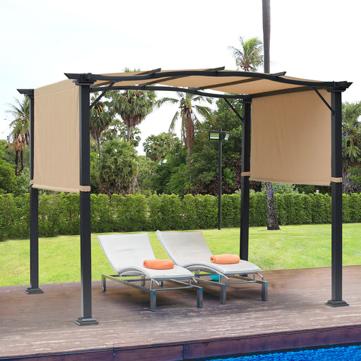 Outdoor Retractable Pergola Garden Gazebo with Two Adjustable Side Canopy Overhead Sun Shade Backyard Canopy Cover, Steel Khaki 3x2.45x2.3m