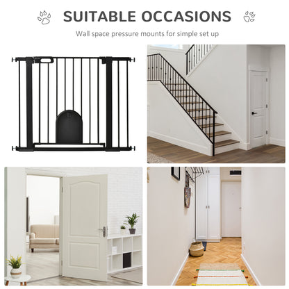 Dog Gate with Cat Flap Pet Safety Gate Barrier, Stair Pressure Fit, Auto Close, Double Locking, for Doorways, Hallways, 75-103 cm Black