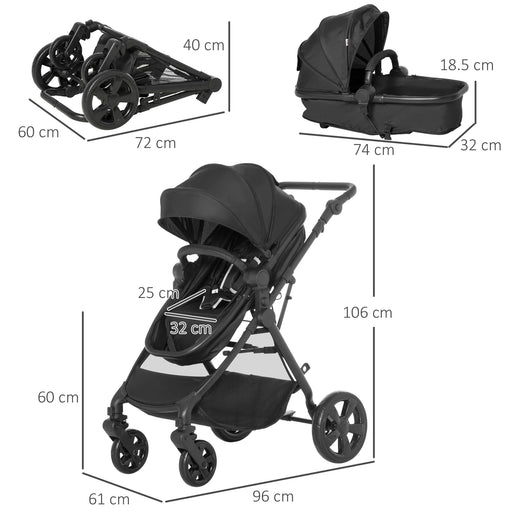 2 in 1 Lightweight Pushchair w/ Reversible Seat, Foldable Travel Baby Stroller w/ Fully Reclining From Birth to 3 Years, 5-point Harness Black