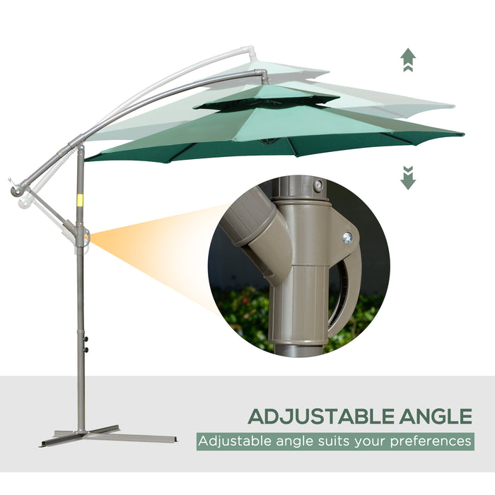 2.7m Banana Parasol Cantilever Umbrella with Crank Handle , Double Tier Canopy and Cross Base for Outdoor, Hanging Sun Shade, Green