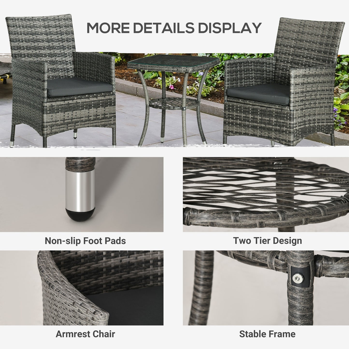 Stylish 3 Piece Outdoor Rattan Bistro Set with Cushions in Mixed Grey