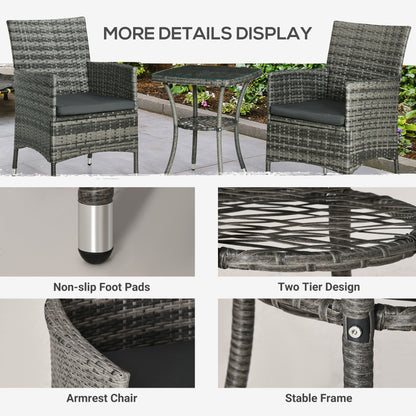Stylish 3 Piece Outdoor Rattan Bistro Set with Cushions in Mixed Grey