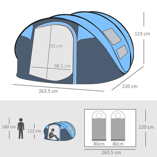 Outsunny 4-5 Person Pop-up Camping Tent Waterproof Family Tent w/ 2 Mesh Windows & PVC Windows Portable Carry Bag for Outdoor Trip Sky Blue