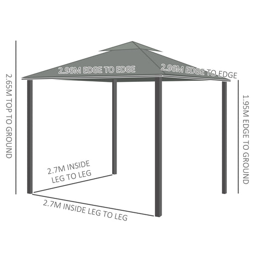 Outsunny 3 x 3(m) Patio Gazebo Canopy Garden Pavilion Tent Shelter Marquee with 2 Tier Water Repellent Roof, Mosquito Netting and Curtains, Aluminium Frame, Grey