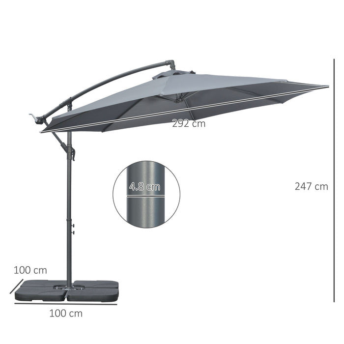 Garden Banana Parasol Cantilever Umbrella with Crank Handle, Cross Base, Weights and Cover for Outdoor, Hanging Sun Shade, Grey