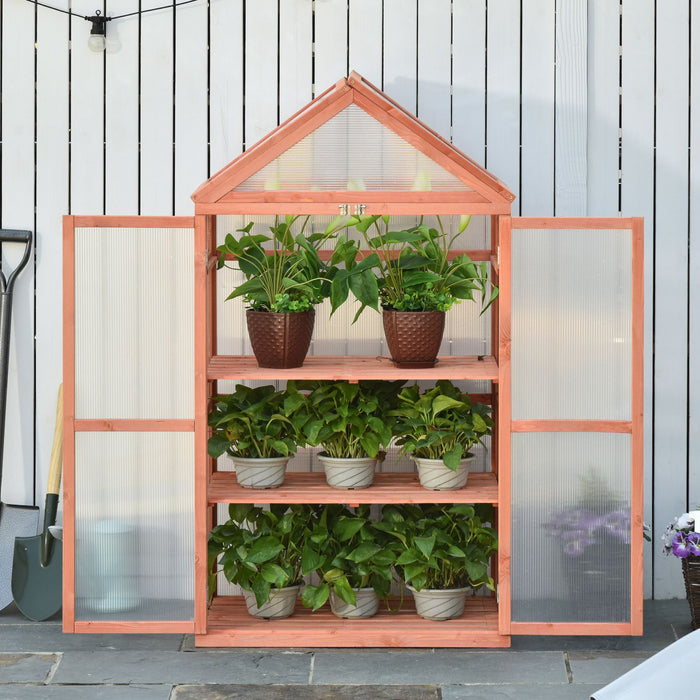 3-Tier Wooden Cold Frame Greenhouse Garden Polycarbonate Grow House w/ Adjustable Shelves, Double Doors, 80 x 47 x 138 cm, Orange