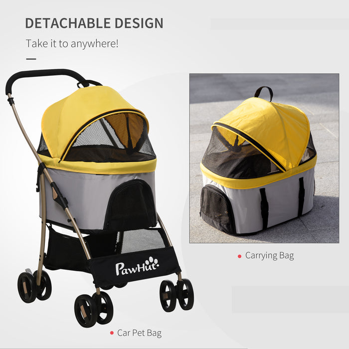 Detachable Pet Stroller, 3 In 1 Dog Cat Travel Carriage, Foldable Carrying Bag w/ Universal Wheels, Brake, Canopy, Basket, Storage Bag - Yellow