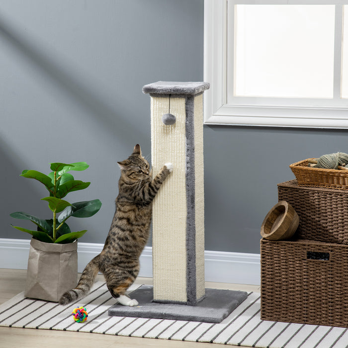 Cat Scratching Post for Indoor Cats, 81cm Cat Scratcher, Vertical Full Scratcher with Natural Sisal Rope, Hanging Ball and Soft Plush, Grey