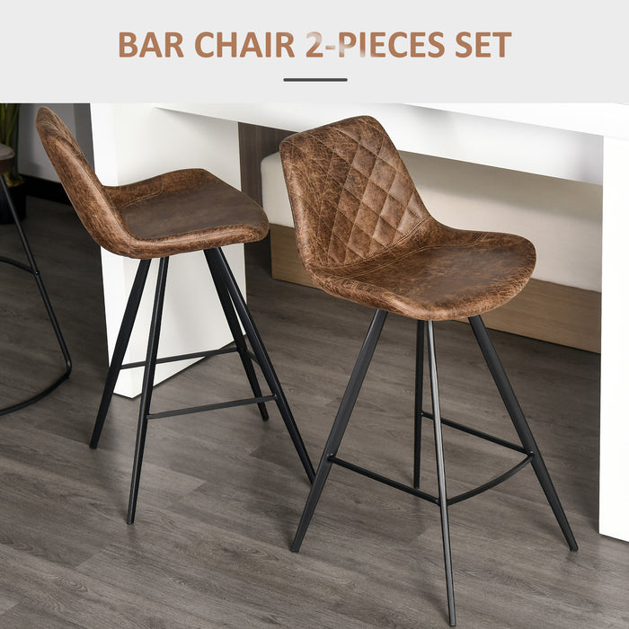 Set Of 2 Bar Stools Vintage Microfiber Cloth Tub Seats Padded Comfortable Steel Frame Footrest Quilted Home Cafe Kitchen Chair Stylish Brown