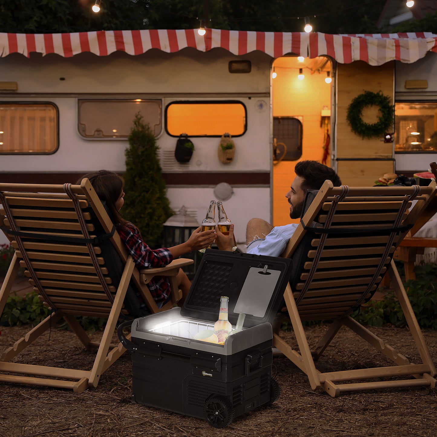 Outsunny 40L Car Refrigerator, Portable Compressor Cooler Box, Fridge Freezer w/ Inner LED Light, Foldable Handles, Cup Holders, 12/24V DC and 110-240V AC for Campervan RV Boat Travel Down to -20‚Äö√ë√â