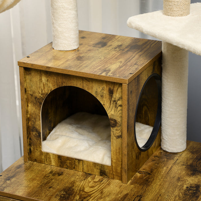 Litter Box Enclosure with Cat Tree Tower, Hidden Cat Washroom Furniture with Cat House, Scratching Posts, Large Platform, Hammock, Soft Cushion - Rustic Brown