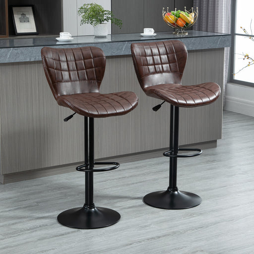 Bar Stools Set of 2 Adjustable Height Swivel Bar Chairs in PU Leather with Backrest & Footrest, Brown