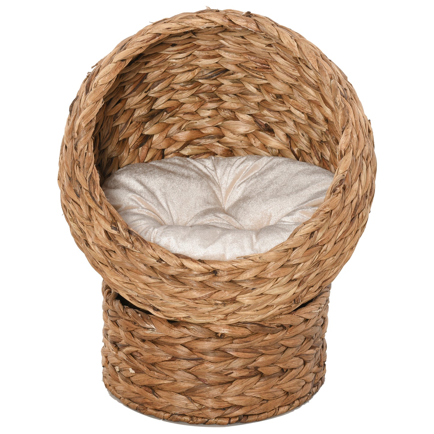 Wicker Cat House, Raised Cat Bed with Cylindrical Base, Soft Washable Cushion, Woven Water Hyacinth Cat Basket for Indoor and Outdoor, 50 x 42 x 60 cm - Brown