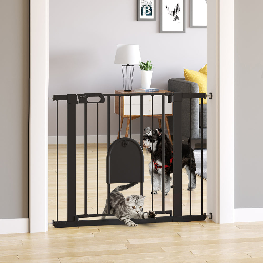 Dog Gate with Cat Flap Pet Safety Gate Barrier, Stair Pressure Fit, Auto Close, Double Locking, for Doorways, Hallways, 75-103 cm Black