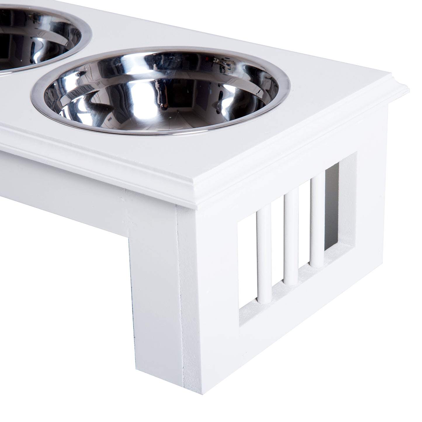 Stainless Steel Raised Dog Feeding Bowls with Stand Elevated Twin Pet Bowls Water Food Feeder 43.7L x 24W x 15H cm - White