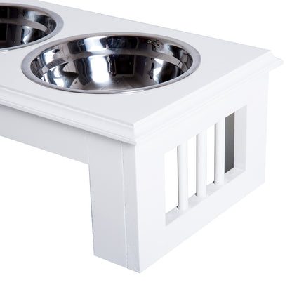 Stainless Steel Raised Dog Feeding Bowls with Stand Elevated Twin Pet Bowls Water Food Feeder 43.7L x 24W x 15H cm - White