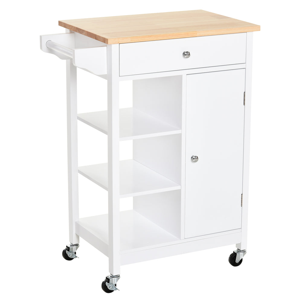 HOMCOM Kitchen Trolley, Kitchen Island on Wheels, w/ Wood Top, 3 Shelves and Storage Cupboard, White