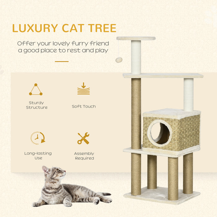 Cat Tree Climbing Kitten Tower Activity Centre for Indoor Cats w/ Jute Scratching Post, Cat House, Kitten Stand, Hanging Toy Ball - Beige