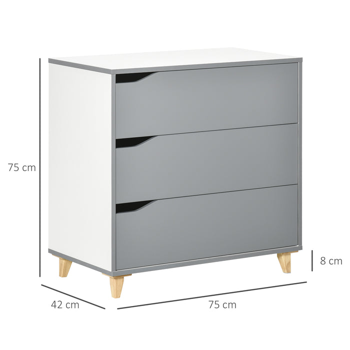 Drawer Chest, 3-Drawer Storage Cabinet Unit with Pine Wood Legs for Bedroom Grey