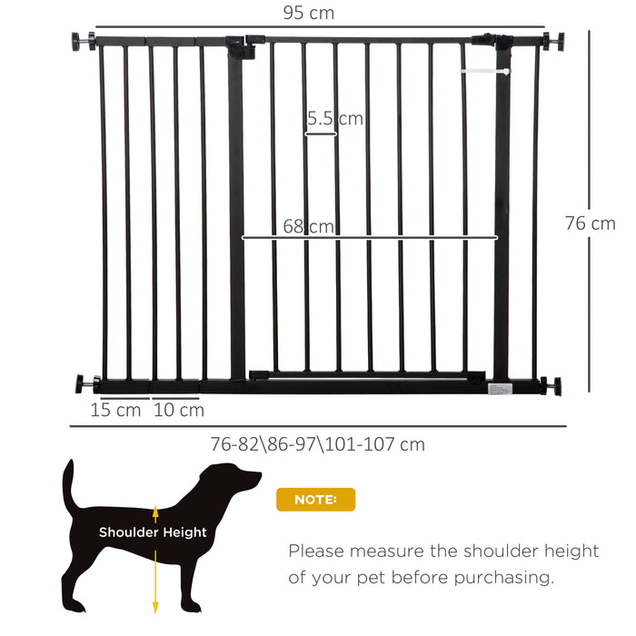 Dog Gate Pet Safety Gate Stair Barrier Pressure Fit Adjustable 76-82/86-97/101-107 cm, Black