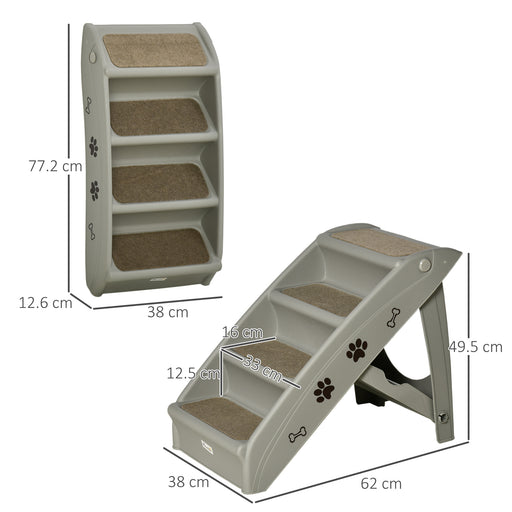 Foldable Pet Stairs Portable Dog Steps for Sofa, Bed, Four-Step Design for Cats, Small Dogs w/ Non-Slip Mats - Grey, 62 x 38 x 49.5cm