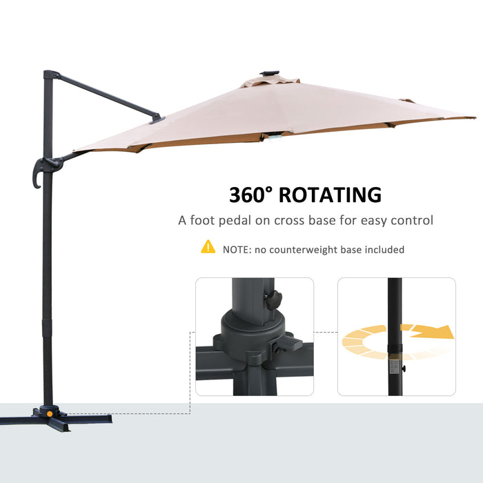 3(m) Cantilever Roma Parasol Garden Sun Umbrella with LED Solar Light Cross Base 360° Rotating, Brown