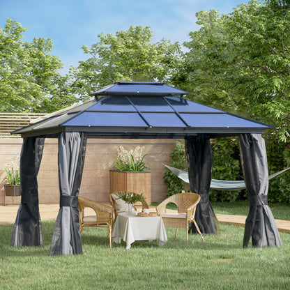Outsunny 3 x 3.6(m) Polycarbonate Hardtop Gazebo Canopy with Double-Tier Roof and Aluminium Frame, Garden Pavilion with Mosquito Netting and Curtains