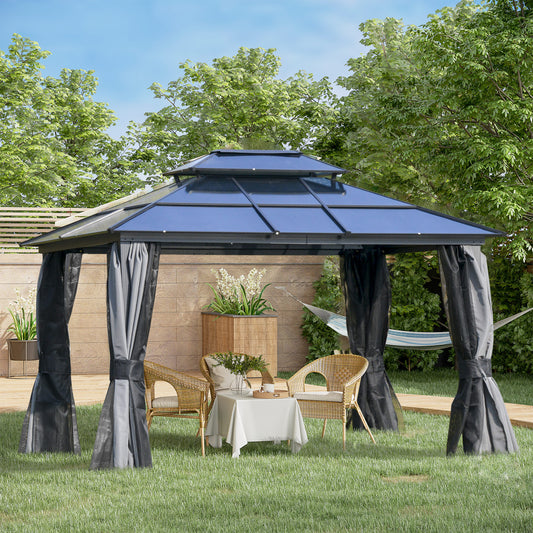 Outsunny 3 x 3.6(m) Polycarbonate Hardtop Gazebo Canopy with Double-Tier Roof and Aluminium Frame, Garden Pavilion with Mosquito Netting and Curtains