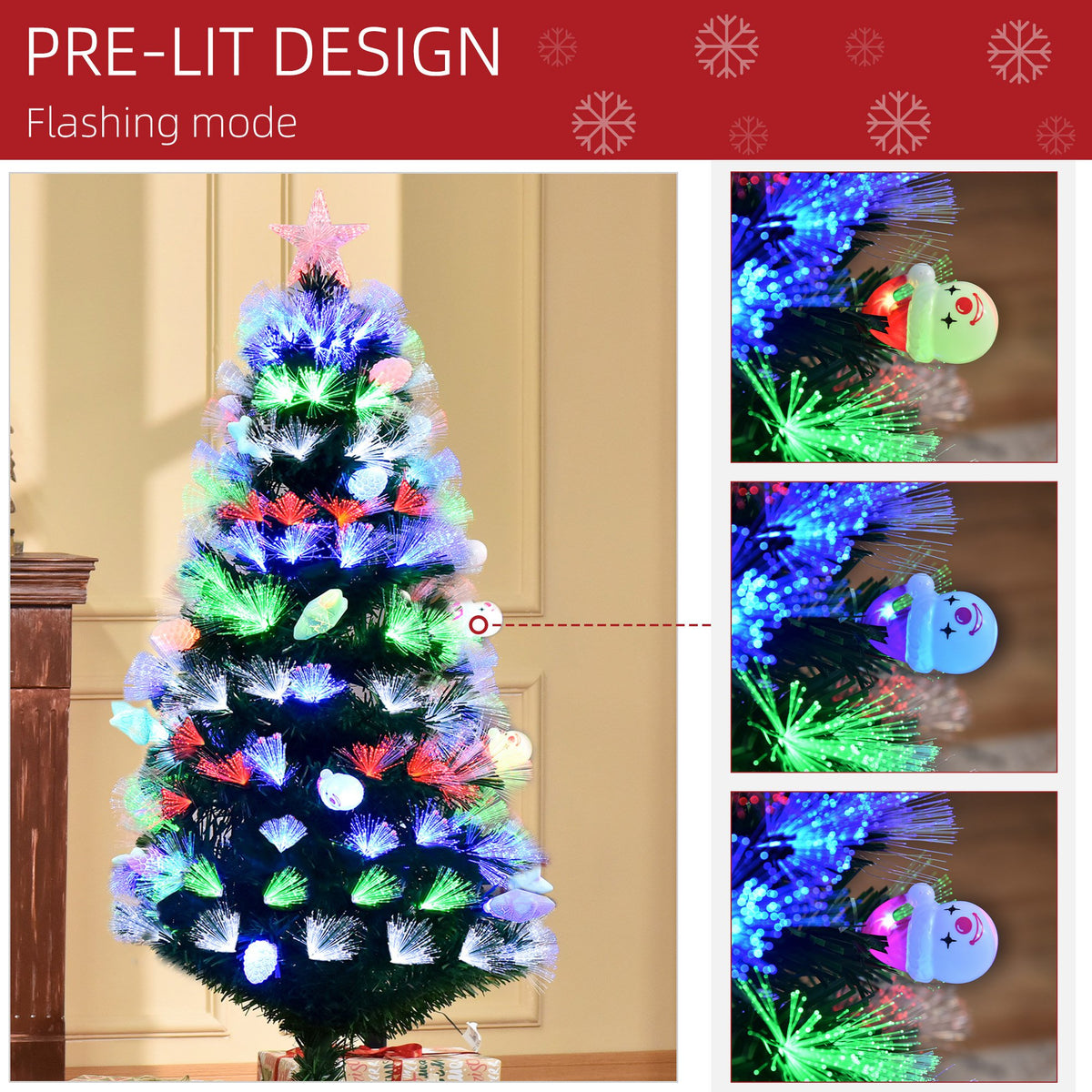 5ft Pre-Lit Fibre Optic Christmas Tree with 170 Multicolour LEDs & Baubles