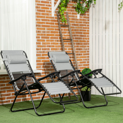 Outsunny Garden Recliner Chairs Set of 2, Outdoor Foldable Zero Gravity Chairs Set w/ Footstool and Detachable Headrest, Grey