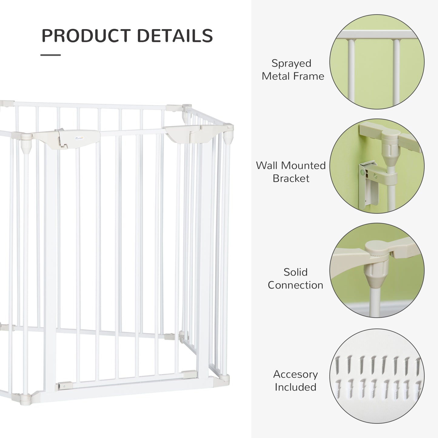 Pet Safety Gate, 5 Panel Playpen Fireplace Christmas Tree Metal Fence Stair Barrier Room Divider with Walk Through Door Automatically Close Lock White