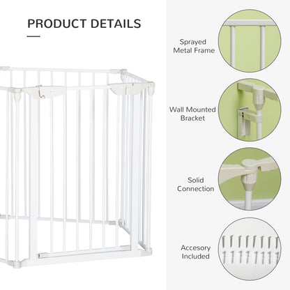 Pet Safety Gate, 5 Panel Playpen Fireplace Christmas Tree Metal Fence Stair Barrier Room Divider with Walk Through Door Automatically Close Lock White