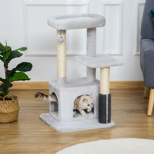 Cat Tree for Indoor Cats Climbing Tower Kitten Scratch Post Activity Center Kitten with Massage Toy Hanging Ball Bed Condo Perch 48 x 48 x 85cm Grey