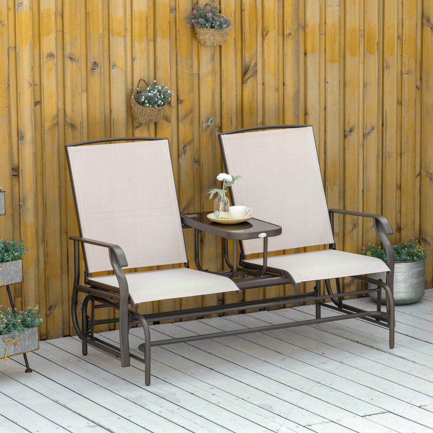Glider Rocking Chair & Table Set 2 Single Seaters Rocker Garden Swing Chair Patio Furniture Bistro Set Brown