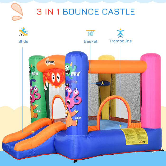 Kids Bounce Castle House Inflatable Trampoline Slide Basket with Blower for Kids Age 3-8 Monster Design 2.5 x 1.8 x 1.75m Multi-color