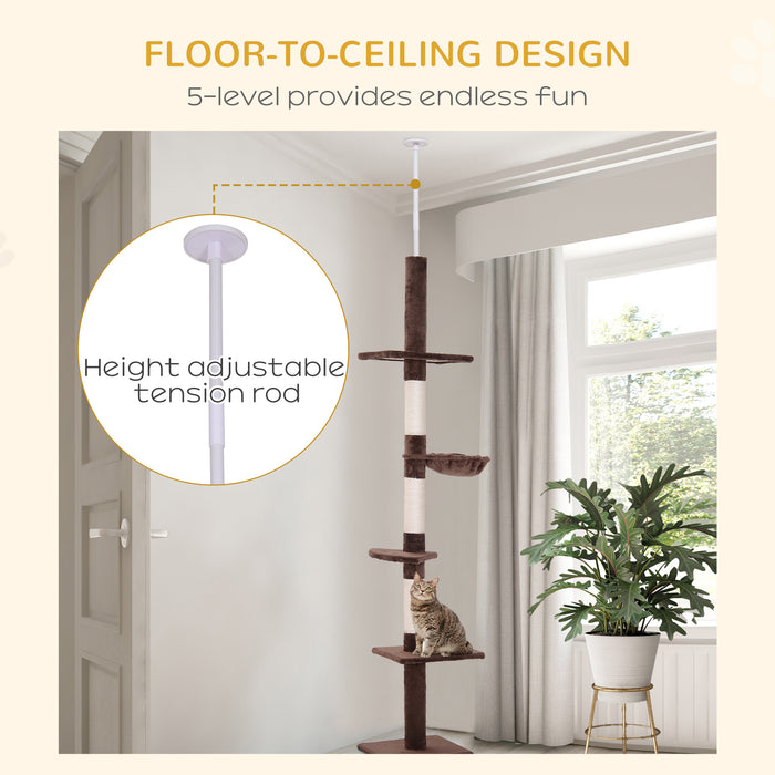 Floor to Ceiling Cat Tree for Indoor Cats 5-Tier Kitty Tower Climbing Activity Center Scratching Post Adjustable Height 230-260 cm Brown