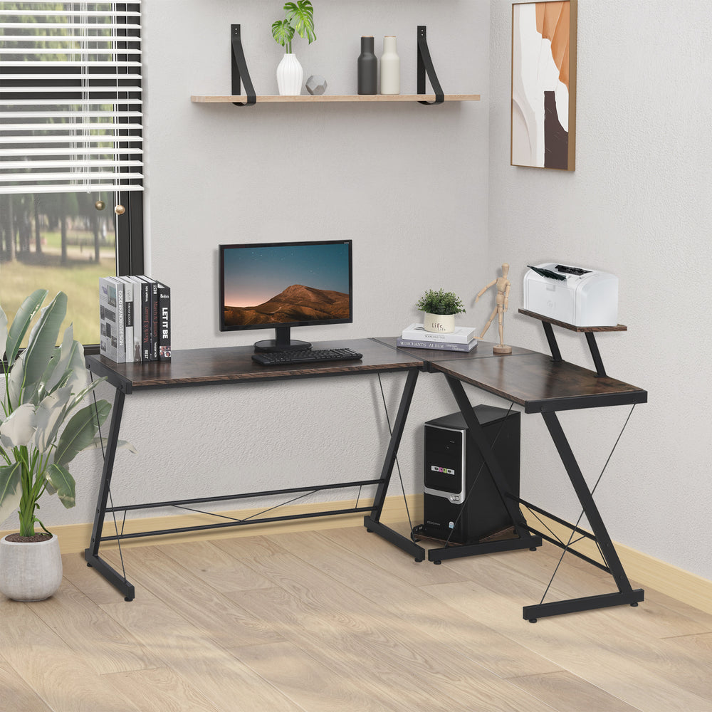 HOMCOM L Shaped  Computer Desk Round Corner Gaming Table Workstation with Storage Shelf, CPU Stand for Home Office