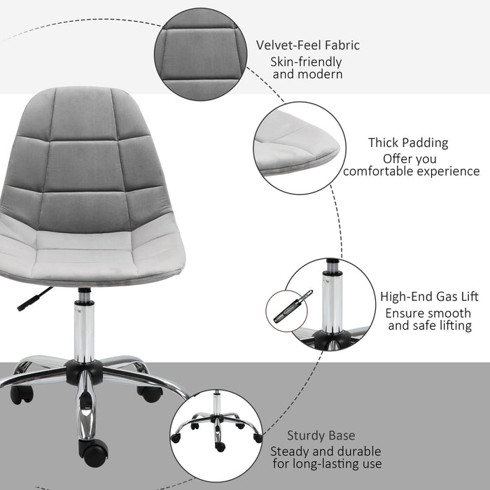 Ergonomic Office Chair with Adjustable  Height and Wheels Velvet Executive Chair Armless for Home Study Bedroom Grey