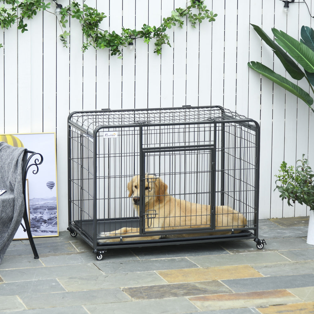 Metal Dog Cage Kennel Locking Door & Wheels Removable Tray Openable Top For Large Pets 109.5 x 71 x 78 cm