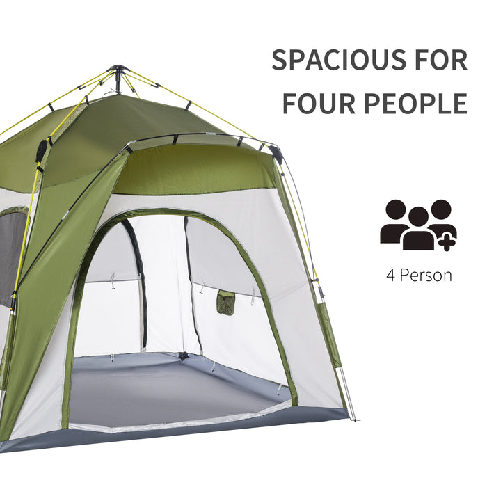 4 Person Automatic Camping Tent, Outdoor Pop Up Tent, Portable Backpacking Dome Shelter, Green