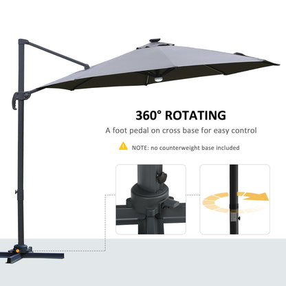 3(m) Cantilever Roma Parasol Garden Sun Umbrella Outdoor Patio with LED Solar Light Cross Base 360° Rotating, Grey