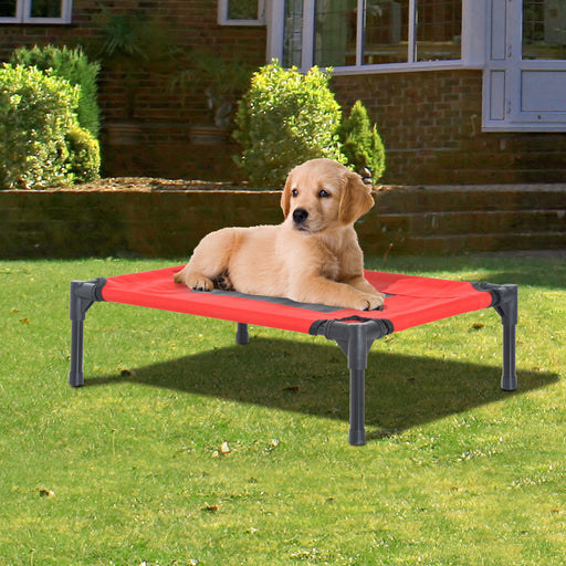 Elevated Pet Bed Portable Camping Raised Dog Bed w/ Metal Frame Black and Red (Small)