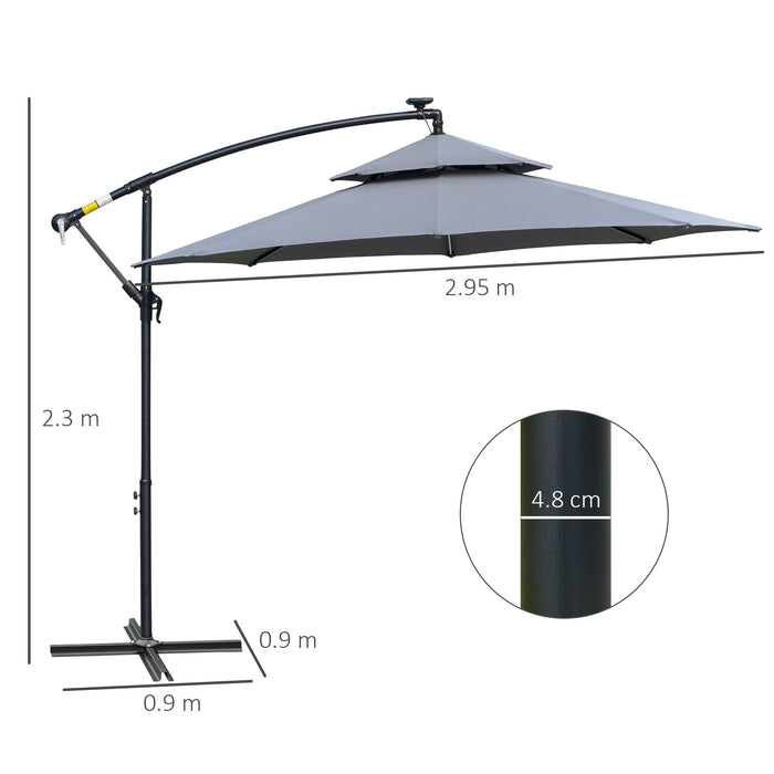 Outsunny 3(m) Cantilever Banana Parasol Hanging Umbrella with Double Roof, LED Solar lights, Crank, 8 Sturdy Ribs and Cross Base for Outdoor, Garden, Patio, Grey