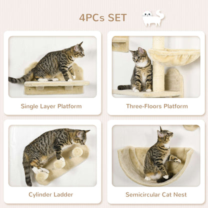 4PCs Wall Mounted Cat Tree Cat Wall Shelves Furniture Climbing Shelf Set Kitten Activity Centre w/ Hammock, Scratching Post - Beige