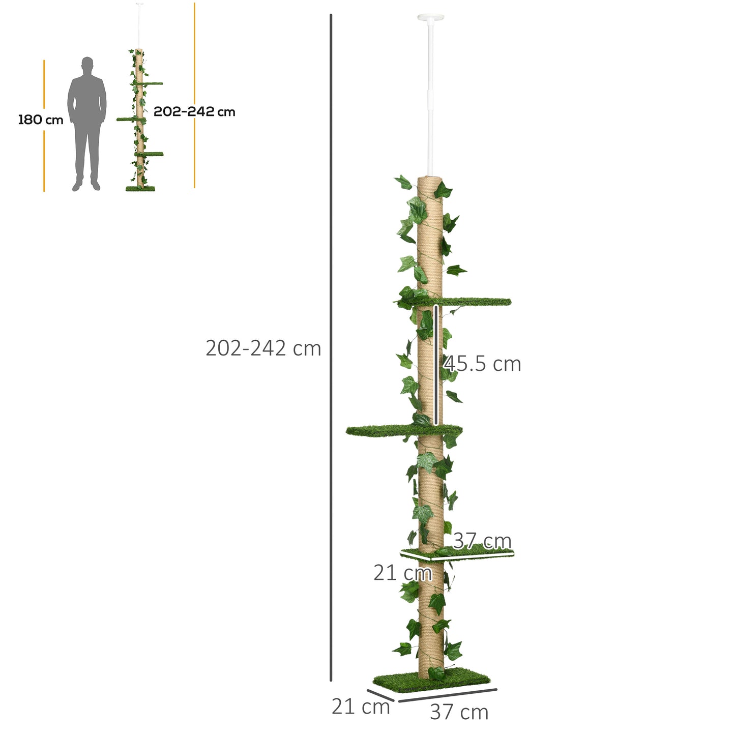 242cm Floor to Ceiling Cat Tree, Height Adjustable Kitten Tower w/ Anti-Slip Kit, Highly Simulated Multi-Layer Activity Centre w/ Perches, Scratching Post - Green