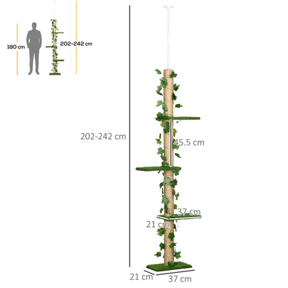242cm Floor to Ceiling Cat Tree, Height Adjustable Kitten Tower w/ Anti-Slip Kit, Highly Simulated Multi-Layer Activity Centre w/ Perches, Scratching Post - Green