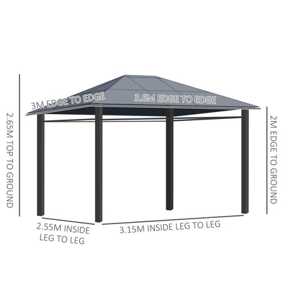 Outsunny 3 x 3.6m Hardtop Gazebo with UV Resistant Polycarbonate Roof, Steel & Aluminum Frame, Garden Pavilion with Curtains, Grey