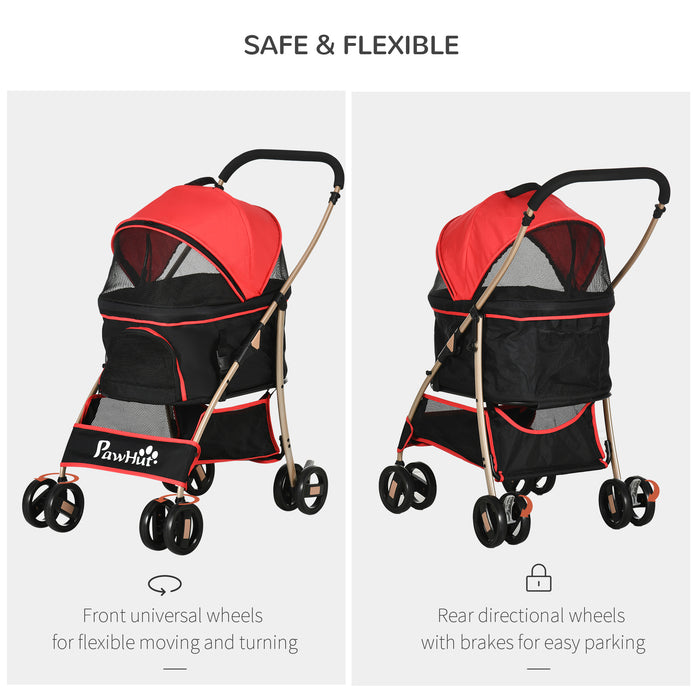 Detachable Pet Stroller, 3 In 1 Dog Cat Travel Carriage, Foldable Carrying Bag w/ Universal Wheels, Brake, Canopy, Basket, Storage Bag - Red